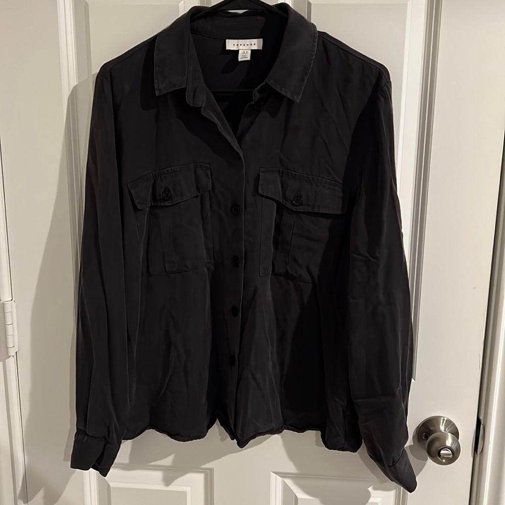 TOPSHOP Distressed Black Long Sleeve Button Down Shirt
